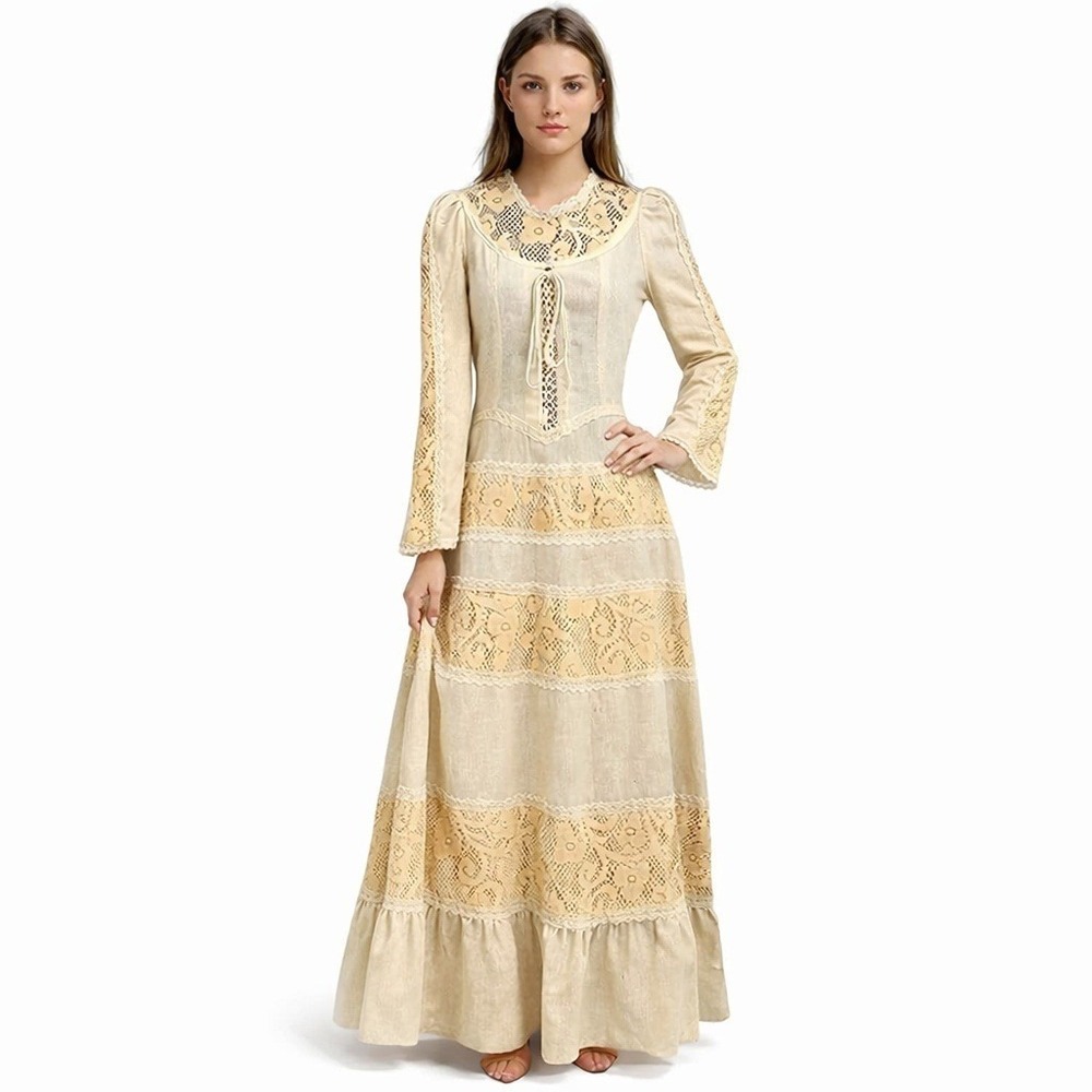 Gunne Sax Maxi Dress Womens Beige Excellent Vintage Lace Prairie Boho 70s Style‎